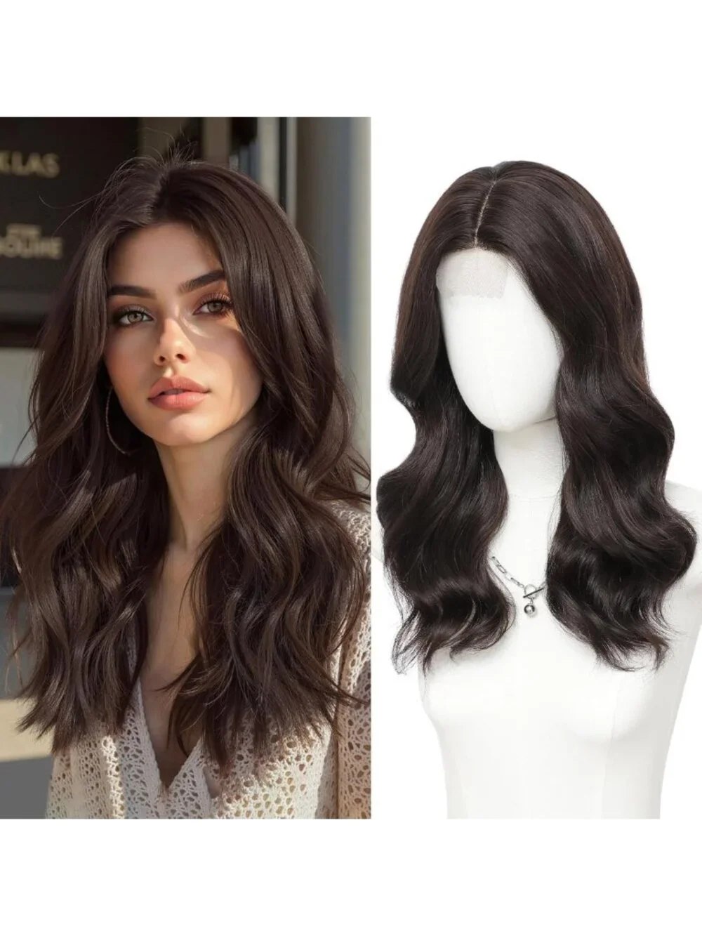18-Inch Wavy Dark Brown Synthetic Wig for Women - Middle Part, Natural Look